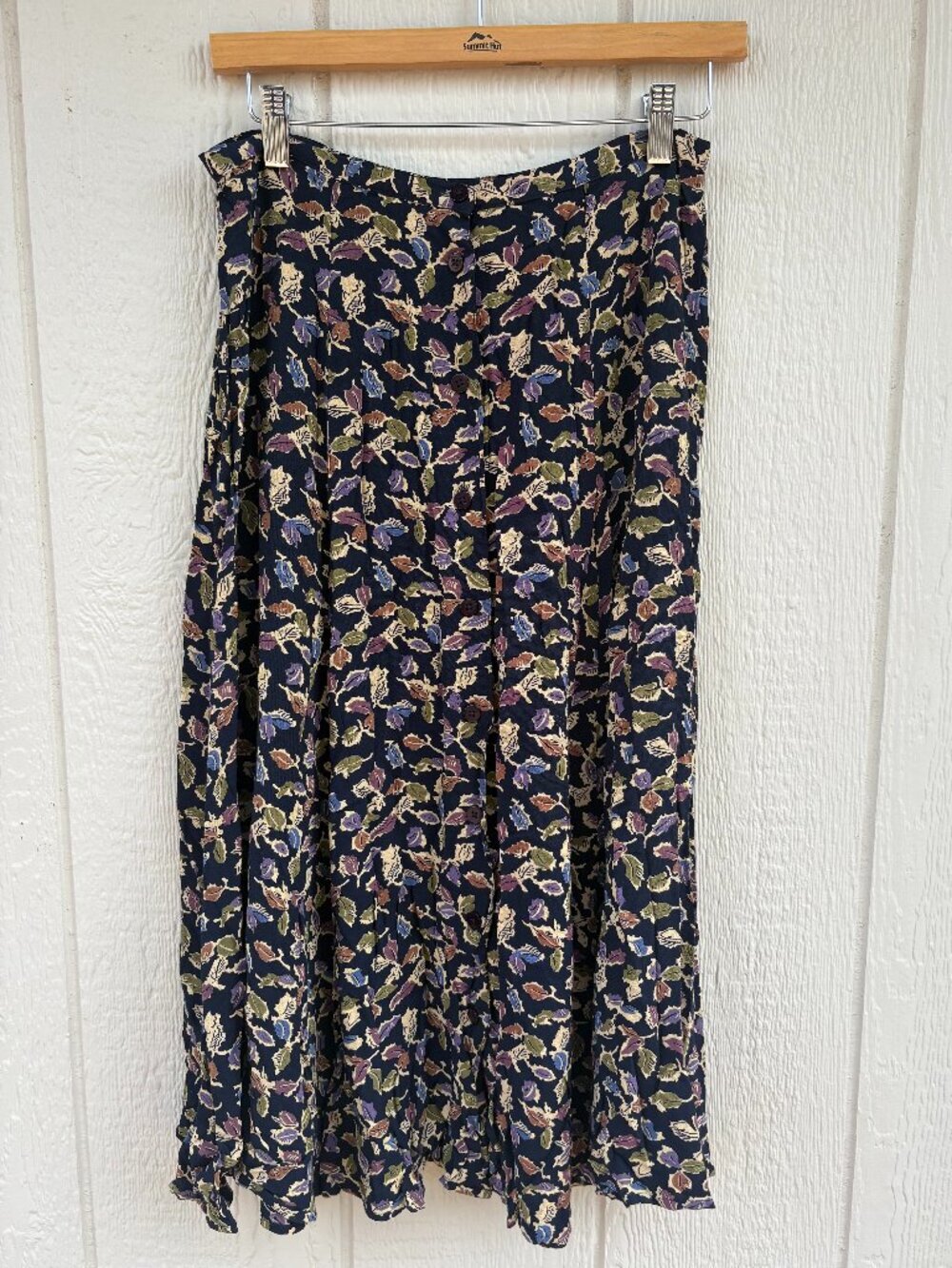 Vintage Eddie Bauer Pleated Midi Skirt Women's 12 Navy Blue Leaf Print Autumn